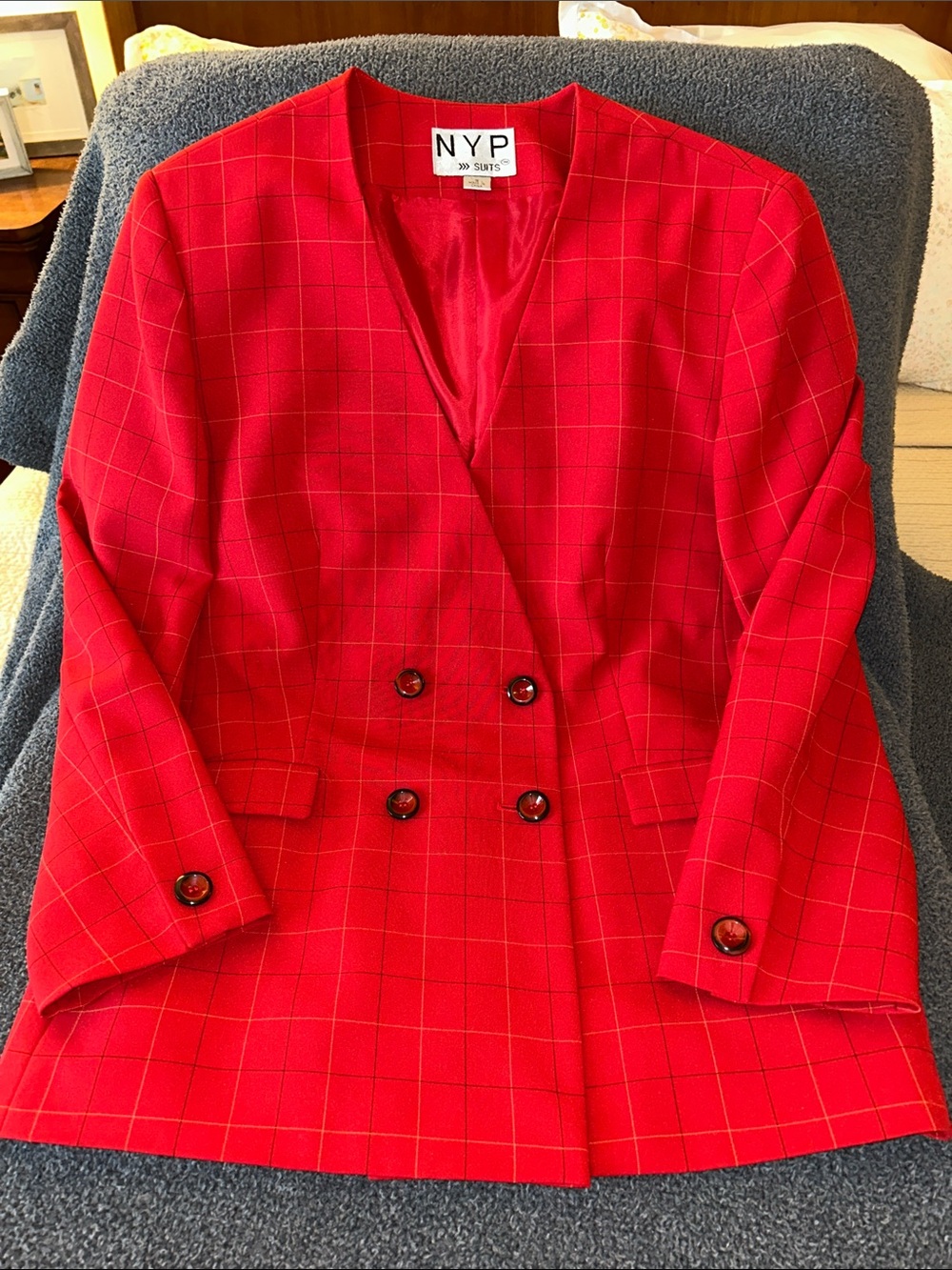Vintage Red Windowpane Double-Breasted Blazer